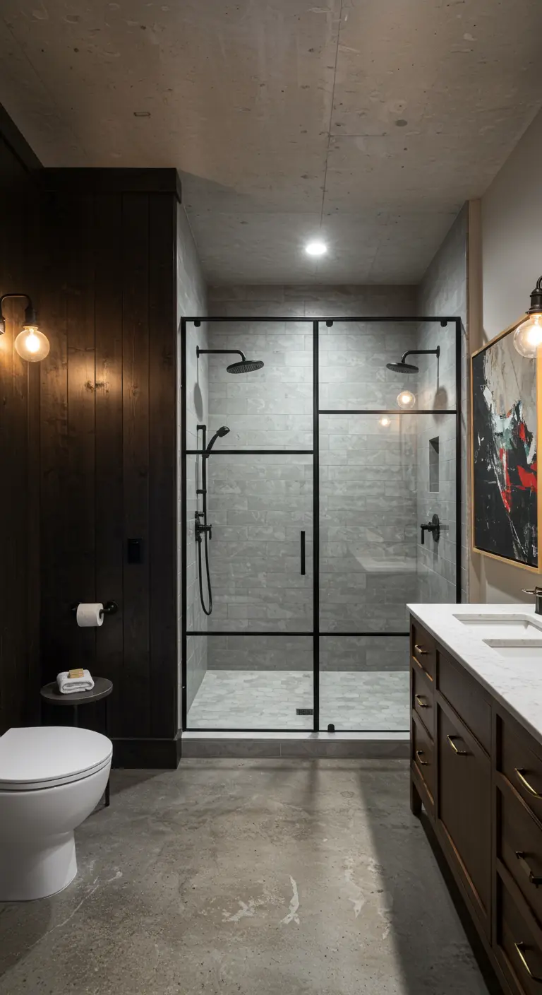 Moderne badkamer met donker houten wanden, betonnen tegels, glazen douche en abstract schilderij.