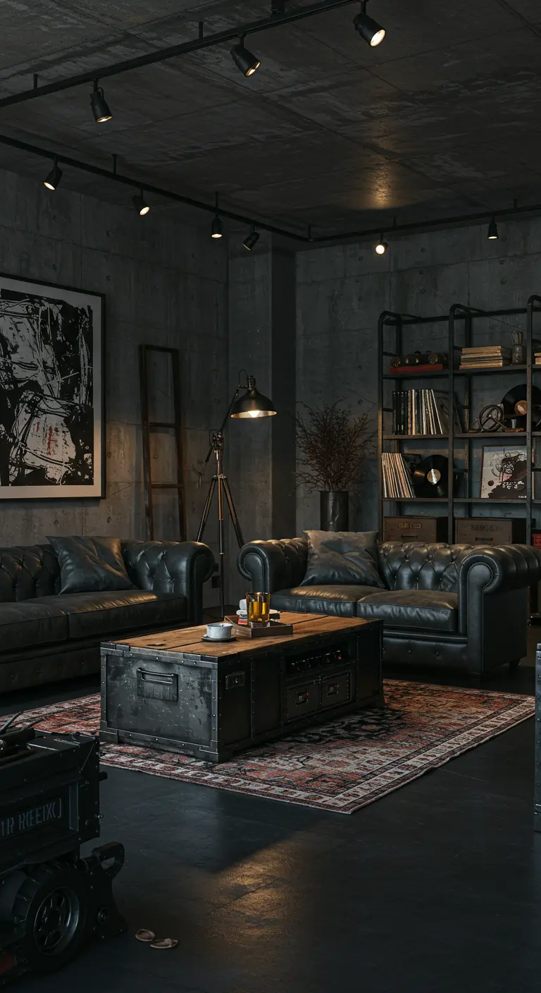 Donkere industriële woonkamer met betonlook muren, metalen kasten en leren chesterfield.