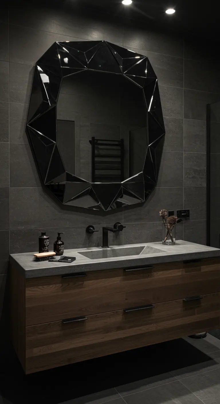 Donkere badkamer met een grote, geometrisch gefacetteerde zwarte spiegel.