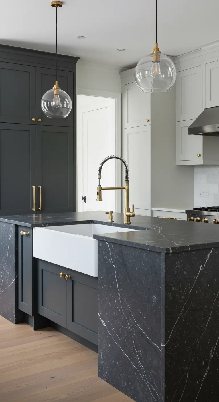 Luxe keuken met donker marmeren eiland, witte boerderijspoelbak en gouden details.