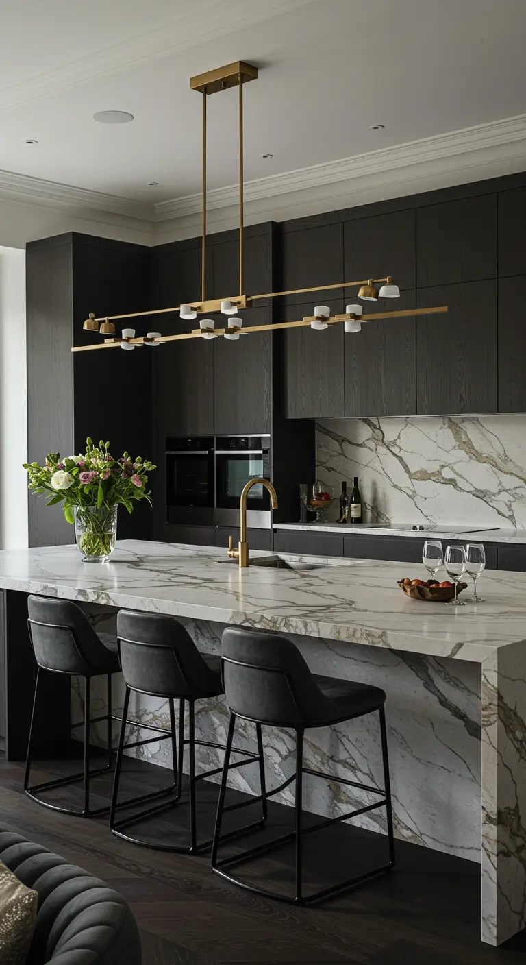 Donkere matte keuken met wit marmeren eiland en gouden accenten.