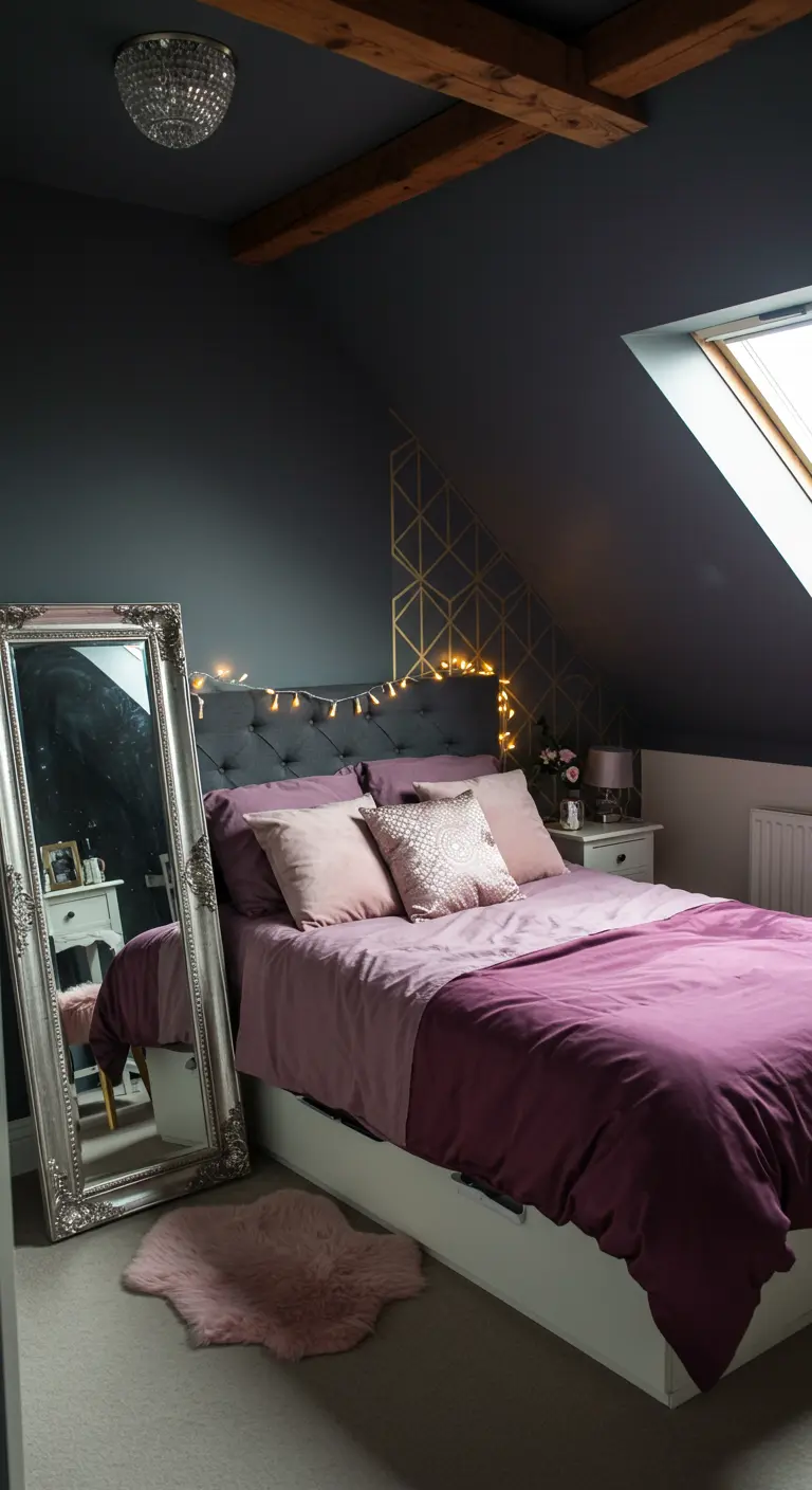 Donkere slaapkamer met schuin dak, gouden geometrisch accent en lichtjes.
