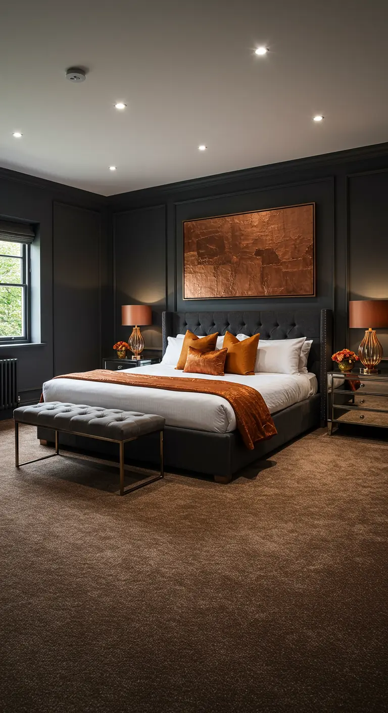 Slaapkamer met donkergrijze muren, groot bed, koperen kunst en oranje accenten.