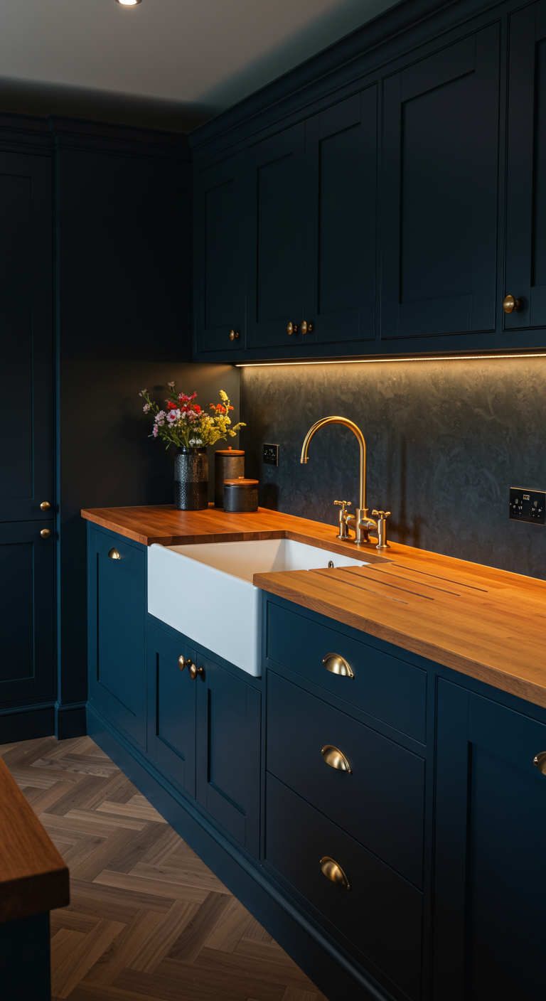 Donkerblauwe keuken met houten werkblad, gouden kraan en visgraatvloer.