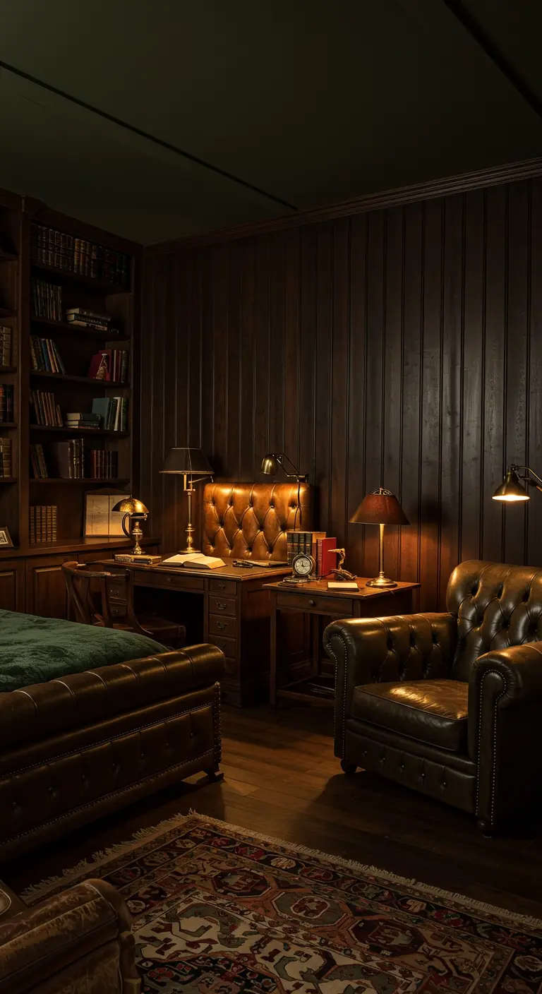 Slaapkamer met donkerbruine houten lattenwand, leren fauteuil en bureau voor bibliotheeksfeer.