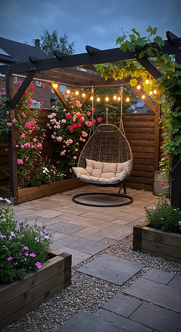 Zwarte pergola met wijnranken, rotan hangstoel, lichtslingers en roze rozen in verhoogde plantenbakken.