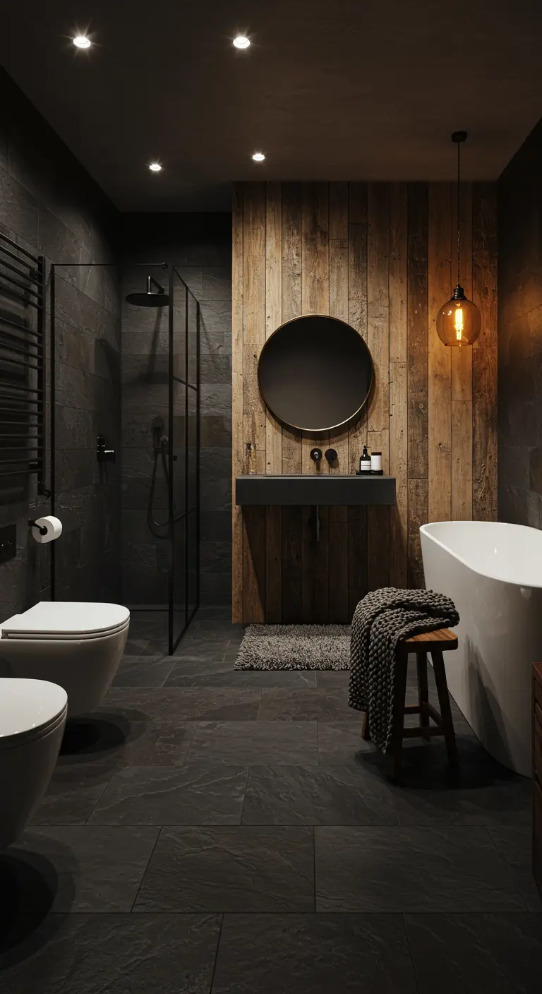Donkere badkamer met houten accentwand, ronde spiegel en sfeerverlichting.