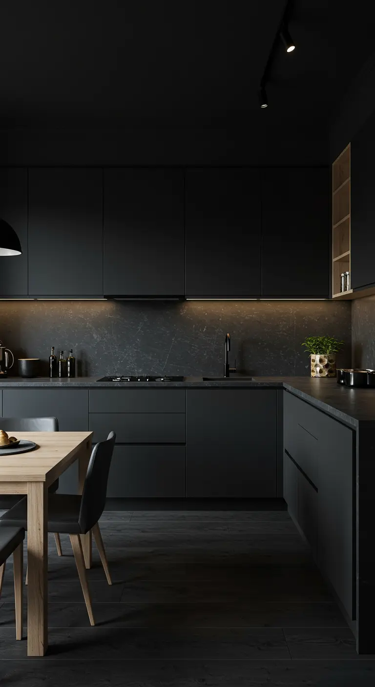 Strakke zwarte keuken met donkergrijs natuurstenen werkblad en houten eettafel.