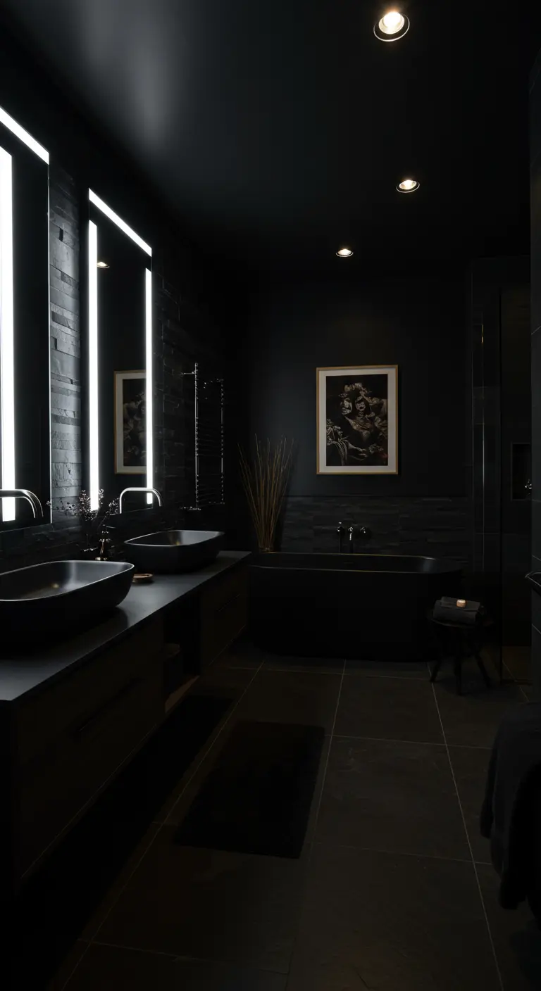 Zeer donkere badkamer met twee wasbakken en spiegels met verticale lichtbalken.