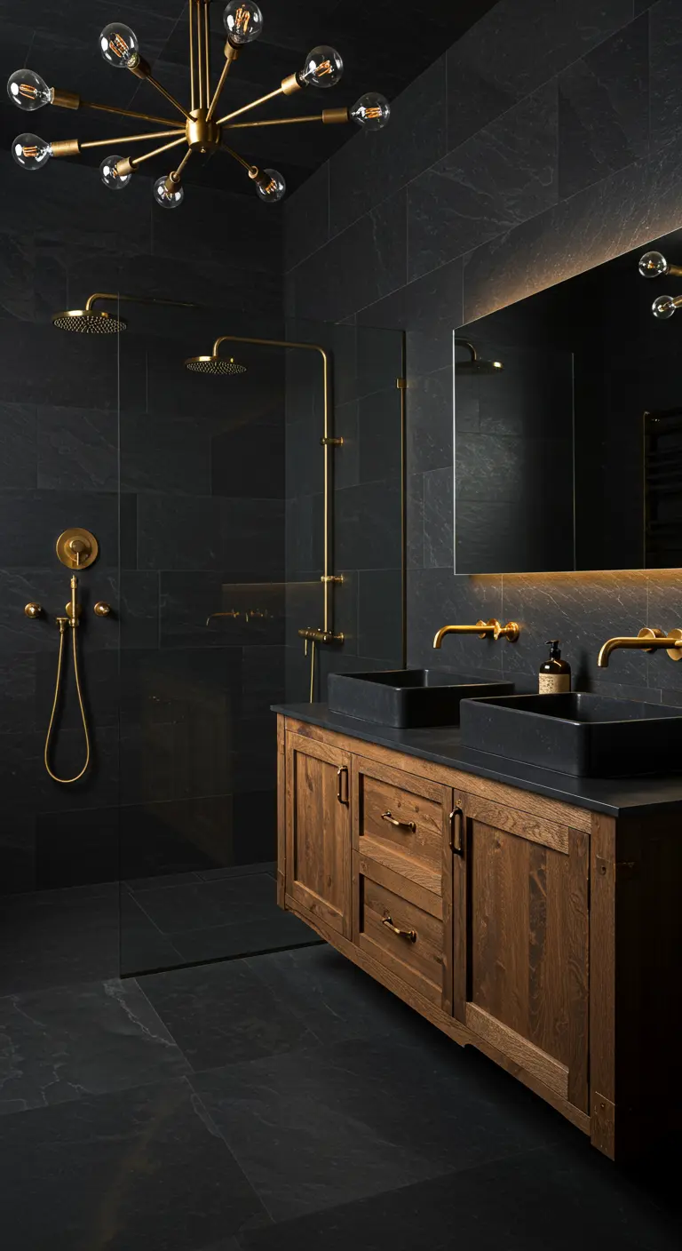 Donkere badkamer met zwarte tegels, houten wastafelmeubel, gouden lamp en kranen.