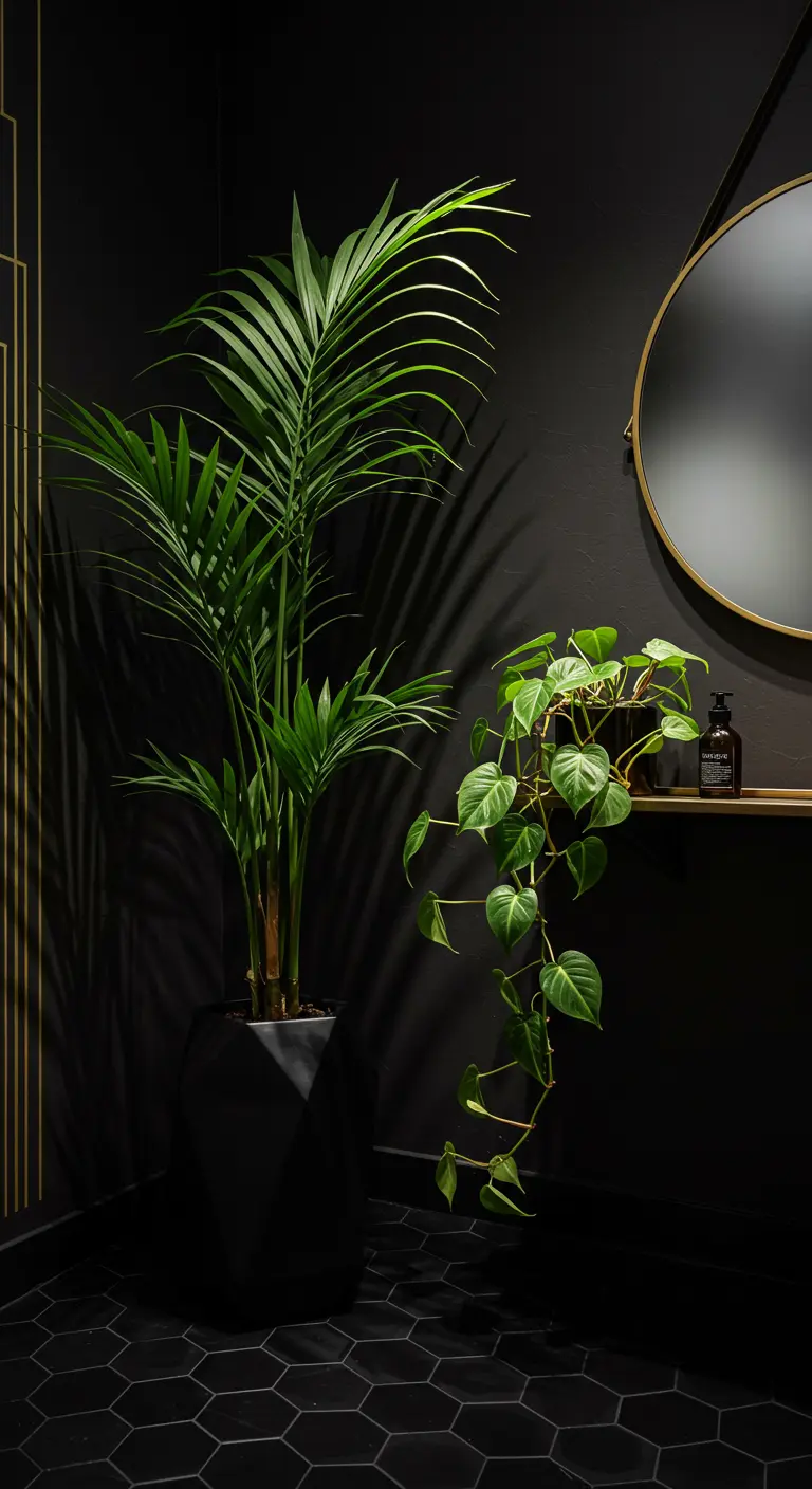 Hoge palm en hangende Philodendron in een sfeervolle, donkere badkamer met ronde spiegel.