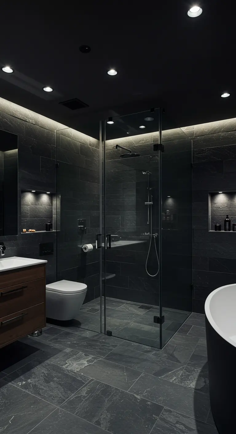 Donkere moderne badkamer met glazen douchewand en leistenen tegels.