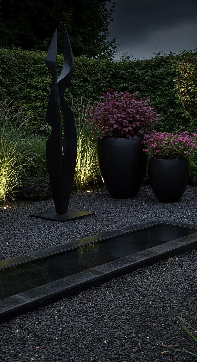 Moderne donkere tuin met zwarte sculptuur, grind, zwarte potten en waterpartij bij schemering.