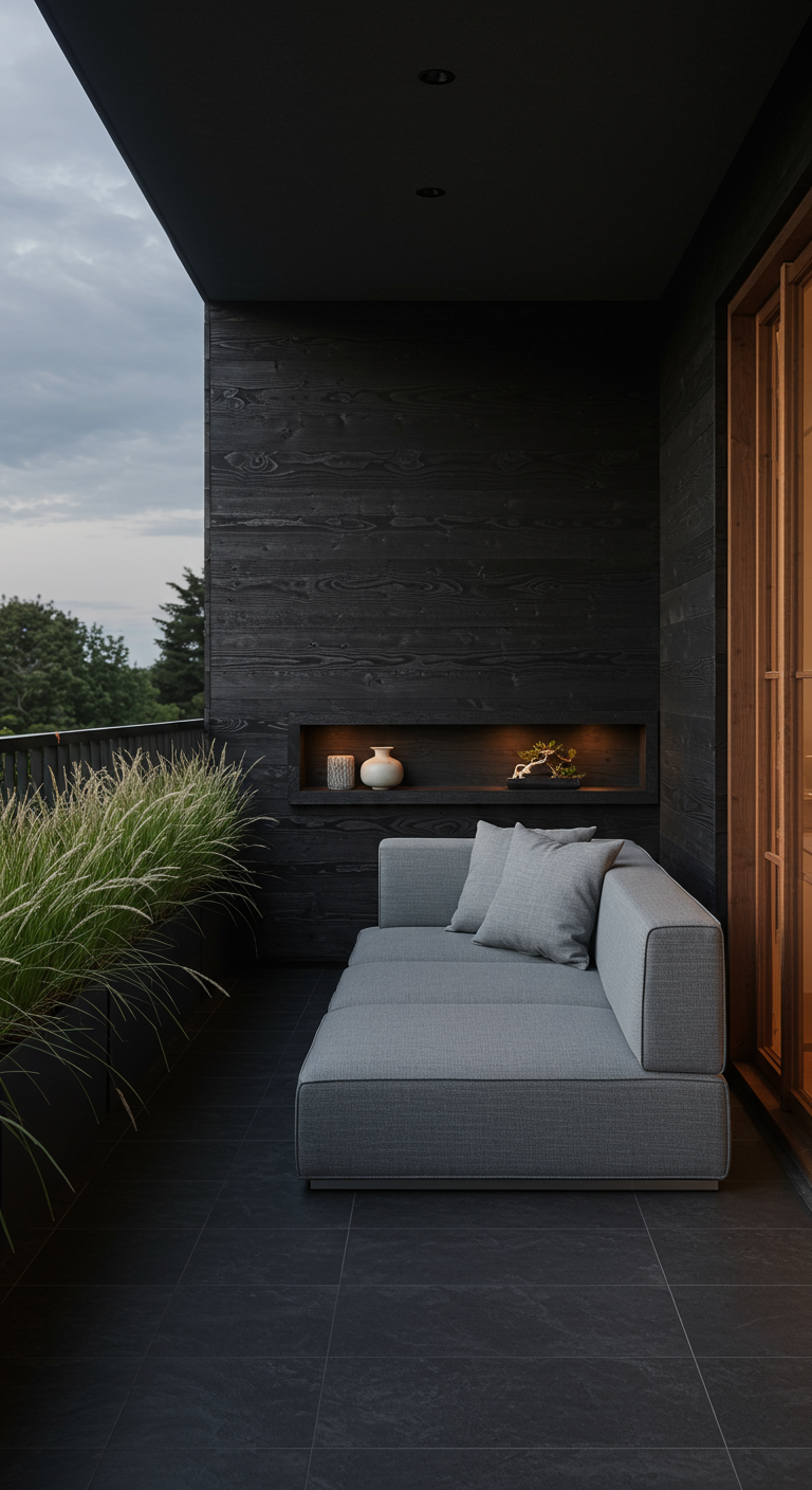 Modern balkon met zwarte houten wand, grijze loungebank en een verlichte nis.
