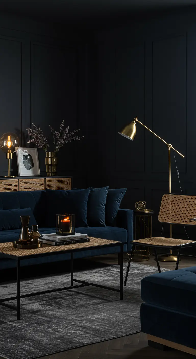Donkere, sfeervolle woonkamer met rotan console, blauwe velours bank en messing details.