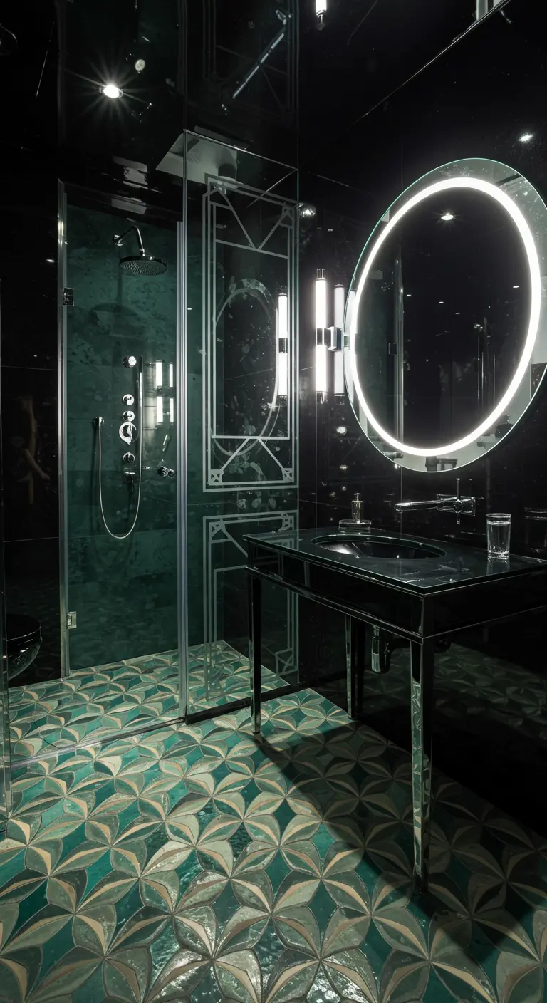 Zwarte badkamer met glanzende geometrische vloer, ronde spiegel en Art-Deco douchewand.
