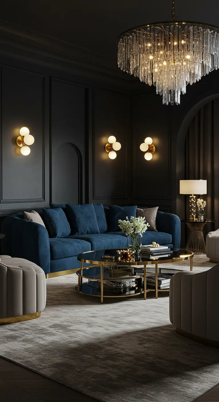 Donkere, luxueuze woonkamer met blauwe bank, gouden accenten en kristallen kroonluchter.