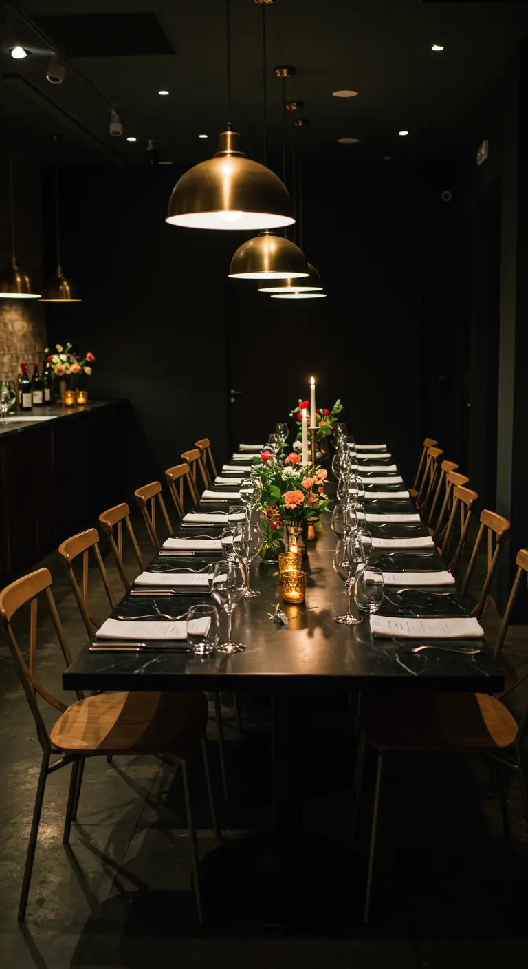 Donkere, stijlvolle eettafel met gouden lampen en kaarsen in een restaurantsetting