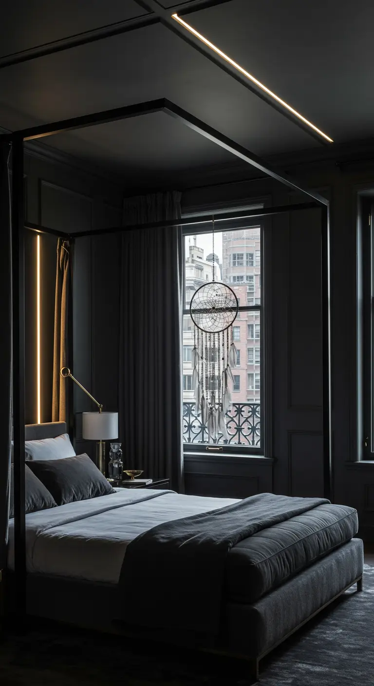 Donkere slaapkamer met zwart hemelbed, lichtlijnen, grote dromenvanger voor het raam.