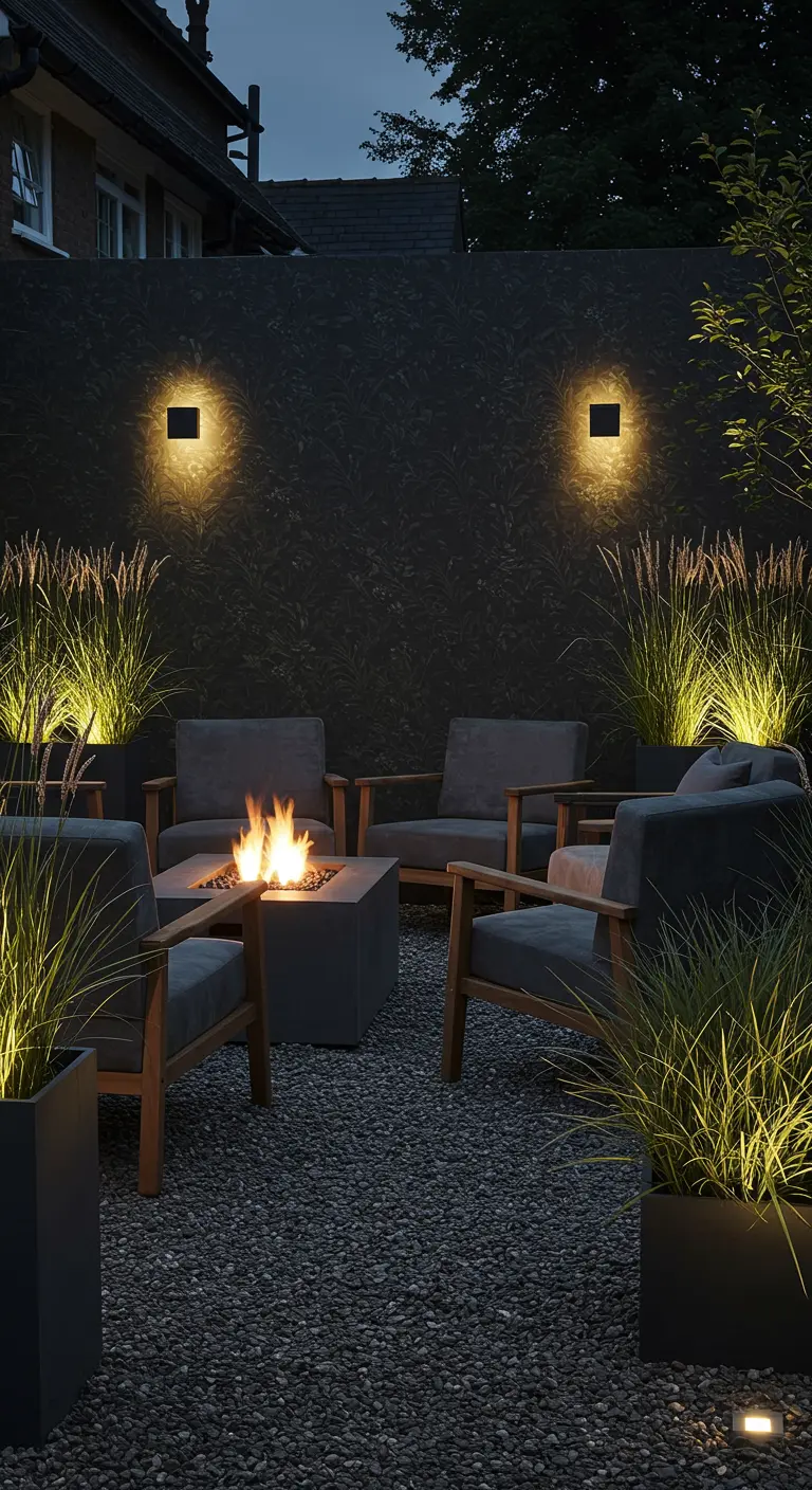 Donkere tuinmuur met subtiel patroon, vuurplaats en sfeervolle verlichting in grindbed.