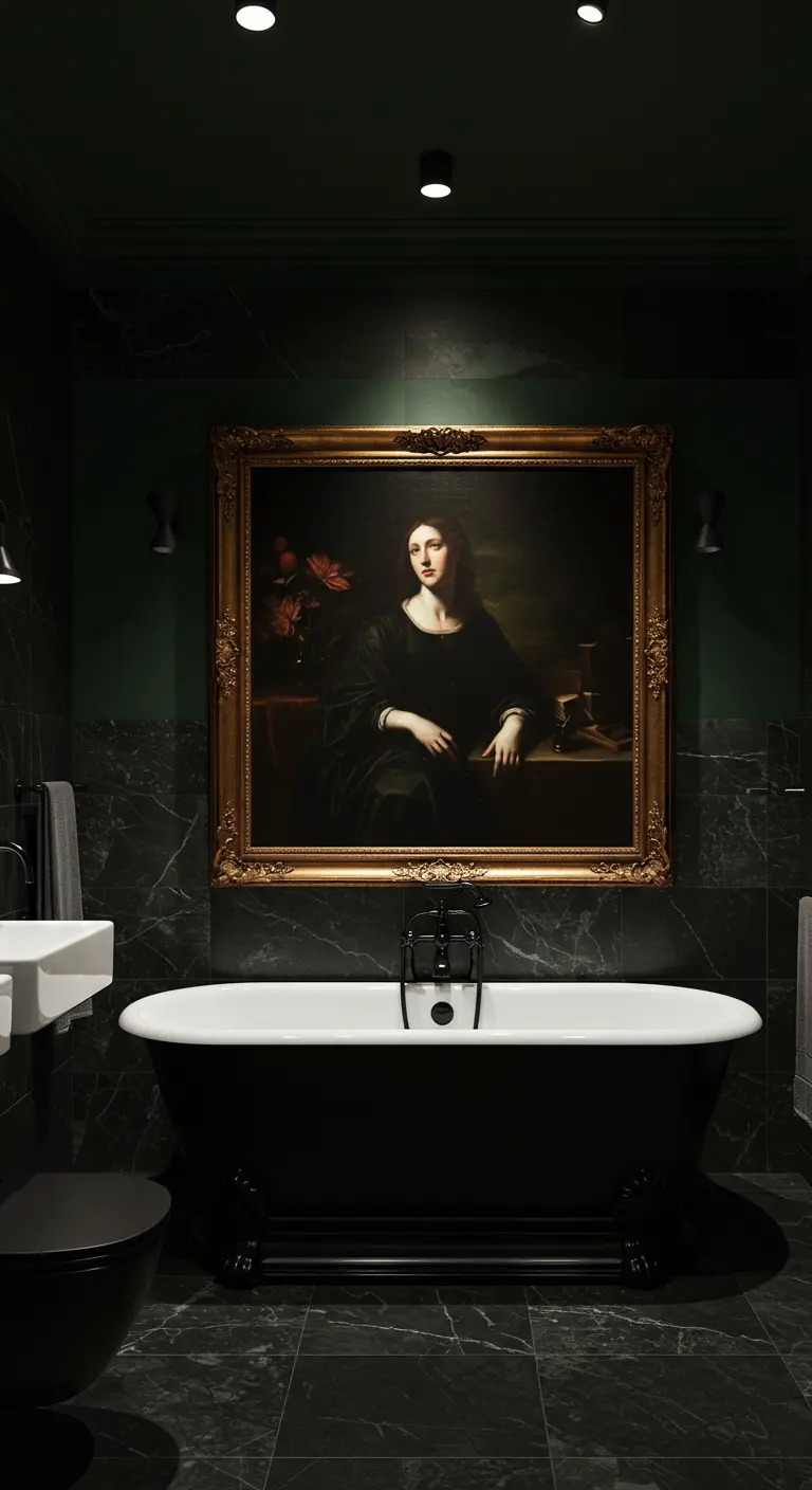 Donkere, luxe badkamer met zwart marmer en een klassiek portret in gouden lijst boven een zwart bad.