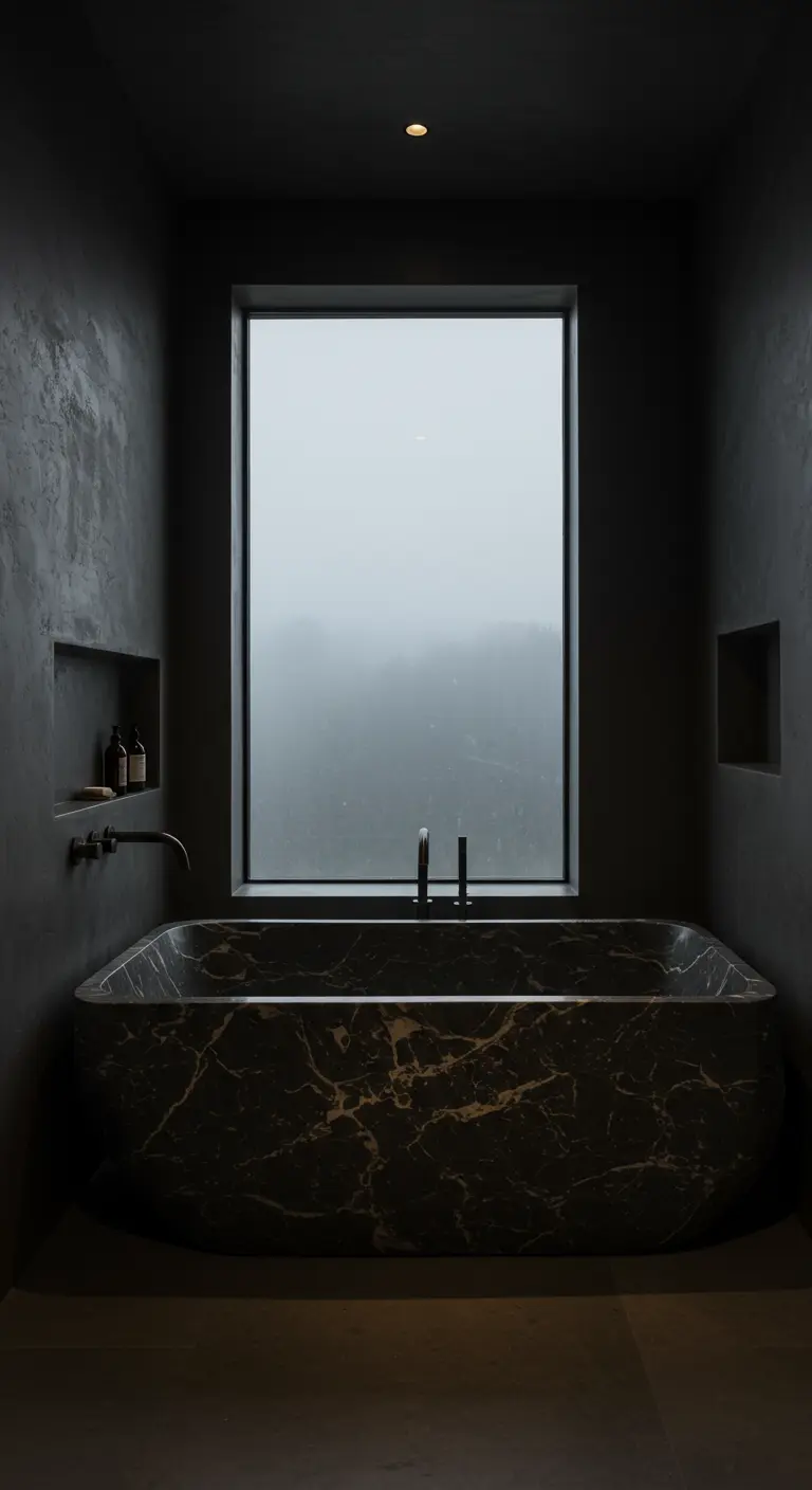 Donkergrijze wabi-sabi badkamer met marmerlook bad, groot raam en ingebouwde nissen.