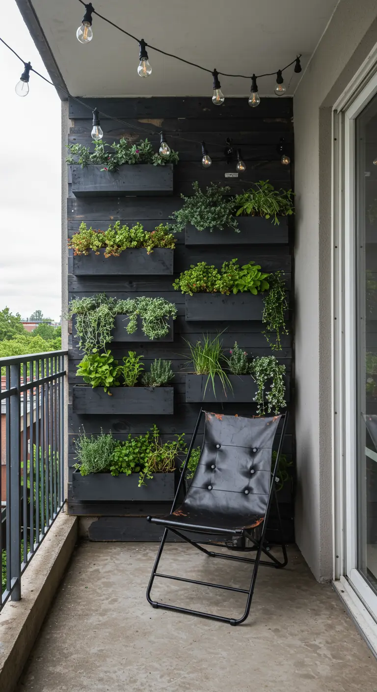 Balkon met zwarte houten wandplanken, zwarte plantenbakken vol kruiden en lichtsnoeren.