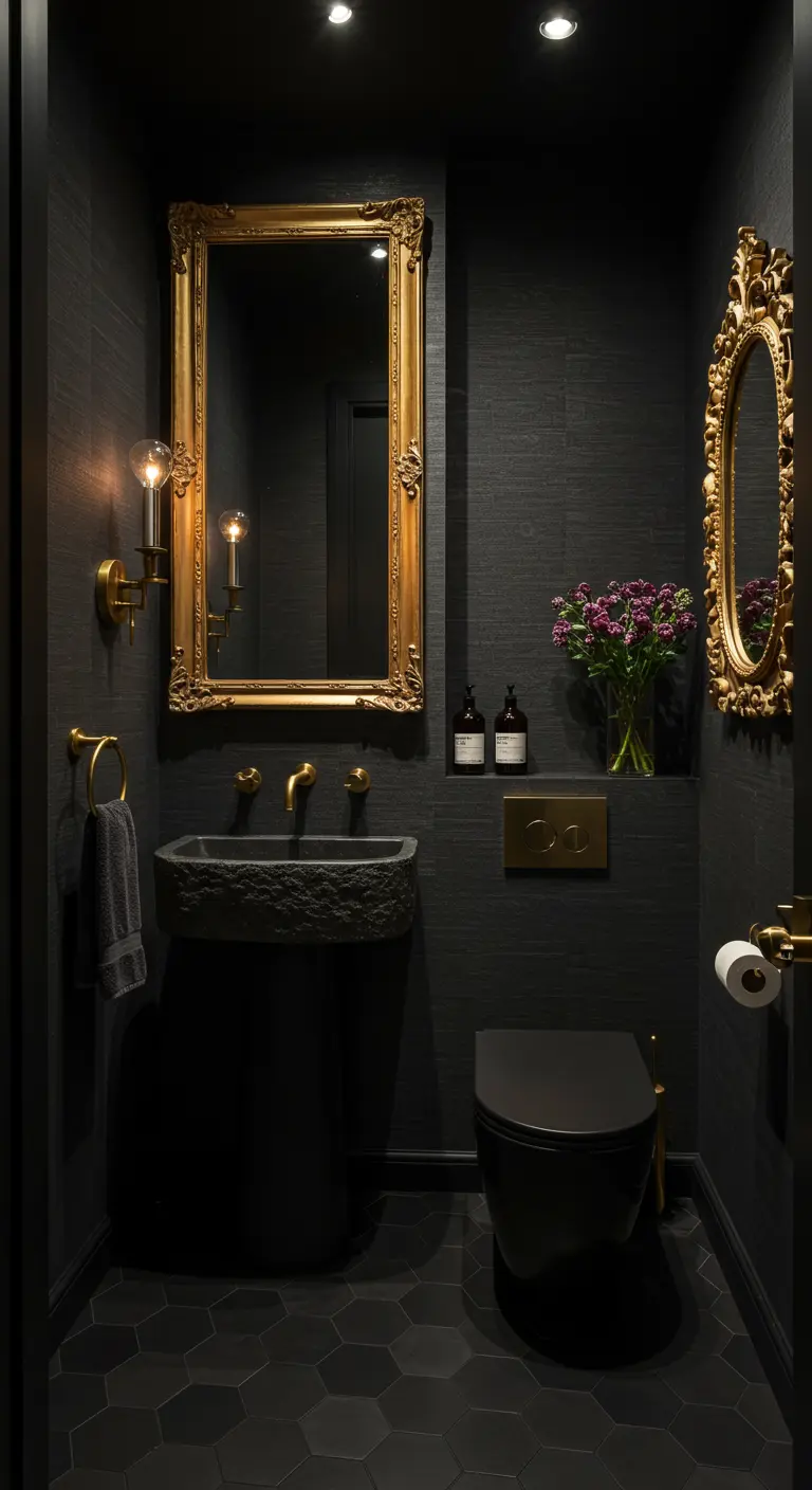 Donkere badkamer met grote gouden barok spiegels en stenen wasbak.