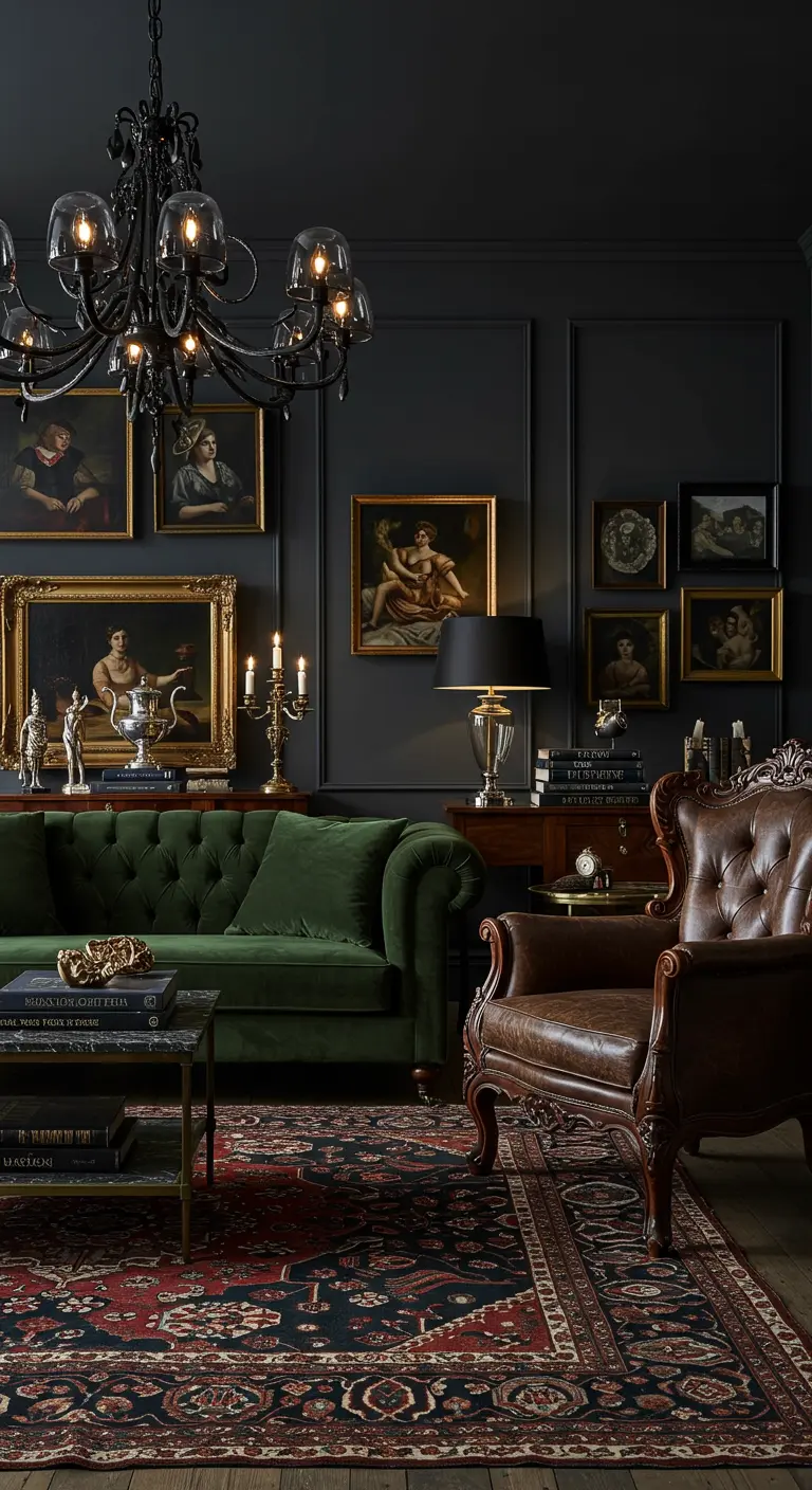 Donkere, sfeervolle woonkamer met groene fluwelen bank, bruinleren fauteuil en klassieke schilderijen.
