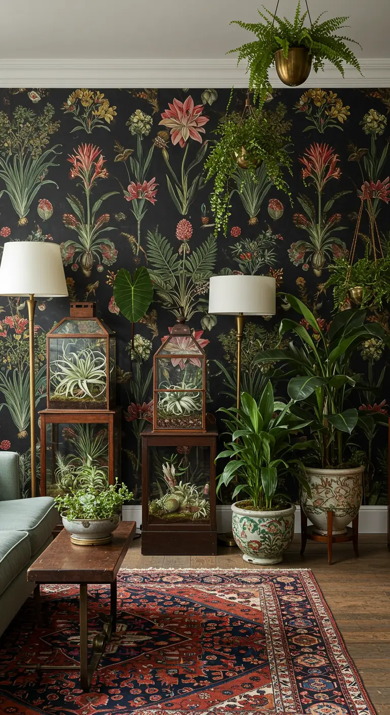 Donkere woonkamer met bloemenbehang, terraria vol planten en een vintage kleed.