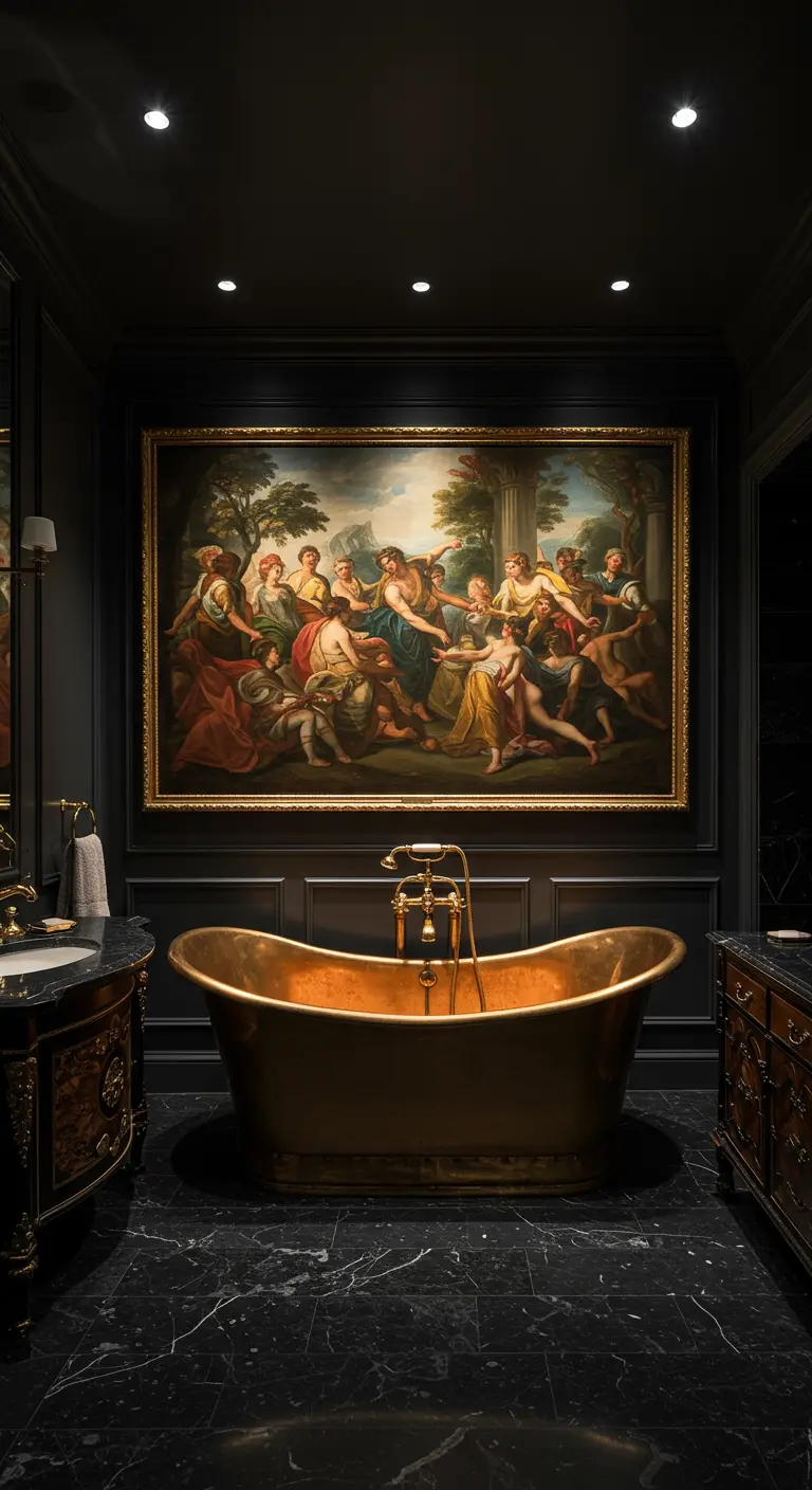 Donkere, luxe badkamer met een groot klassiek schilderij en een opvallend koperen bad.
