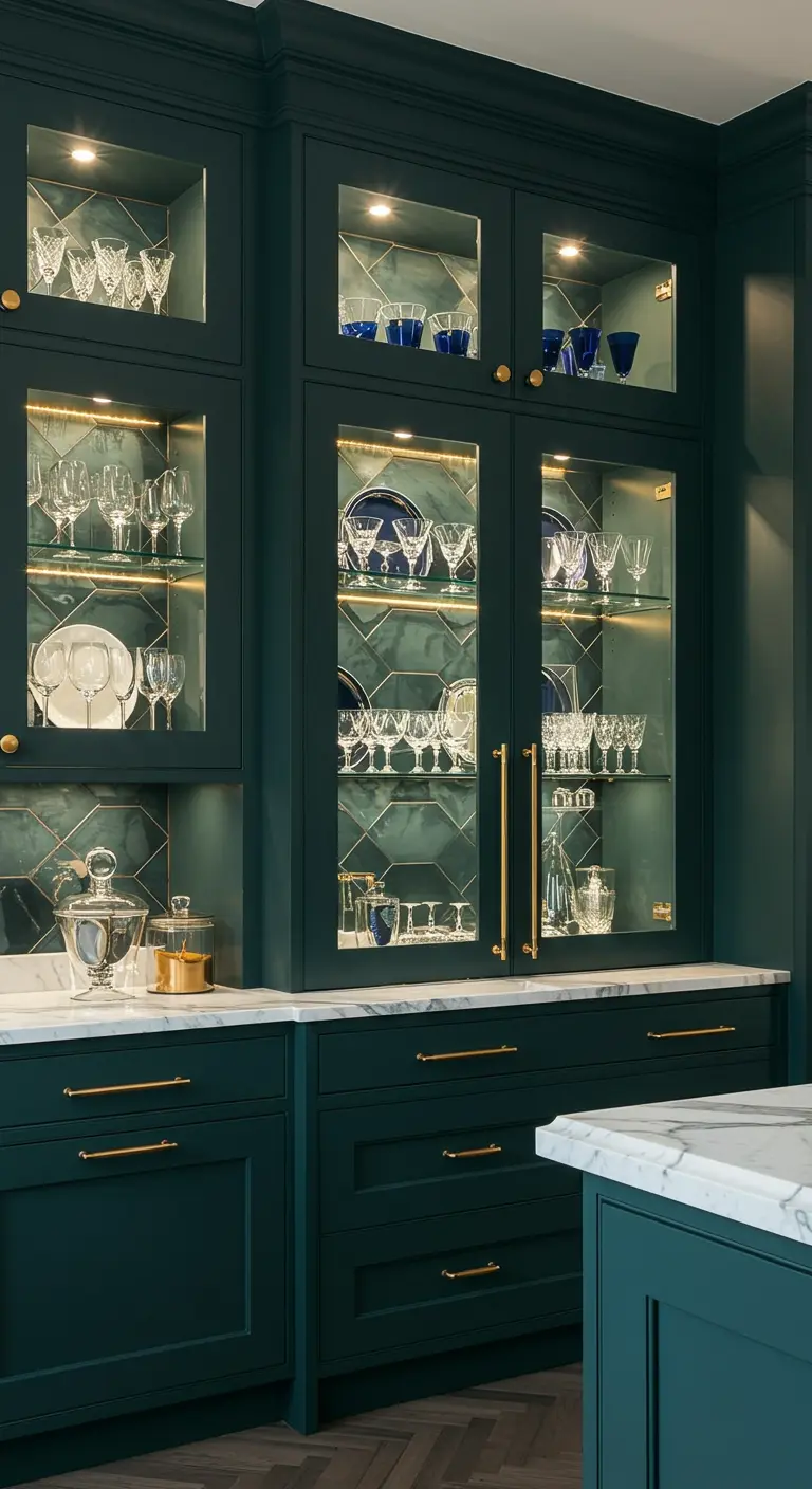 Luxe donkergroene keuken met verlichte glazen kasten en gouden details.