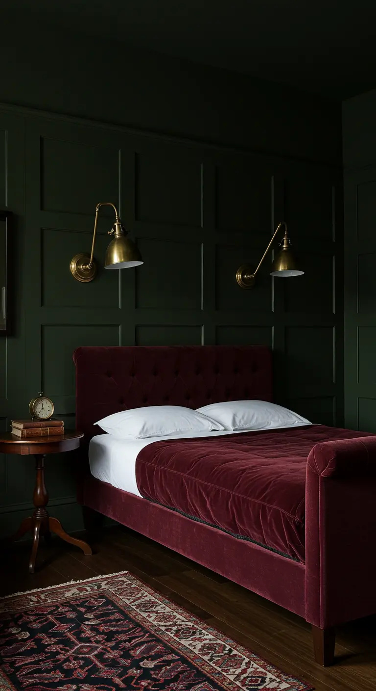 Donkergroene slaapkamer met lambrisering, bordeauxrood velours bed en Perzisch tapijt.