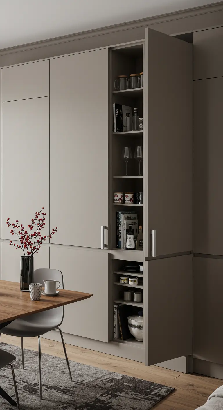 Moderne, hoge opbergkast met deels open vakken die keuken en eethoek verbindt.