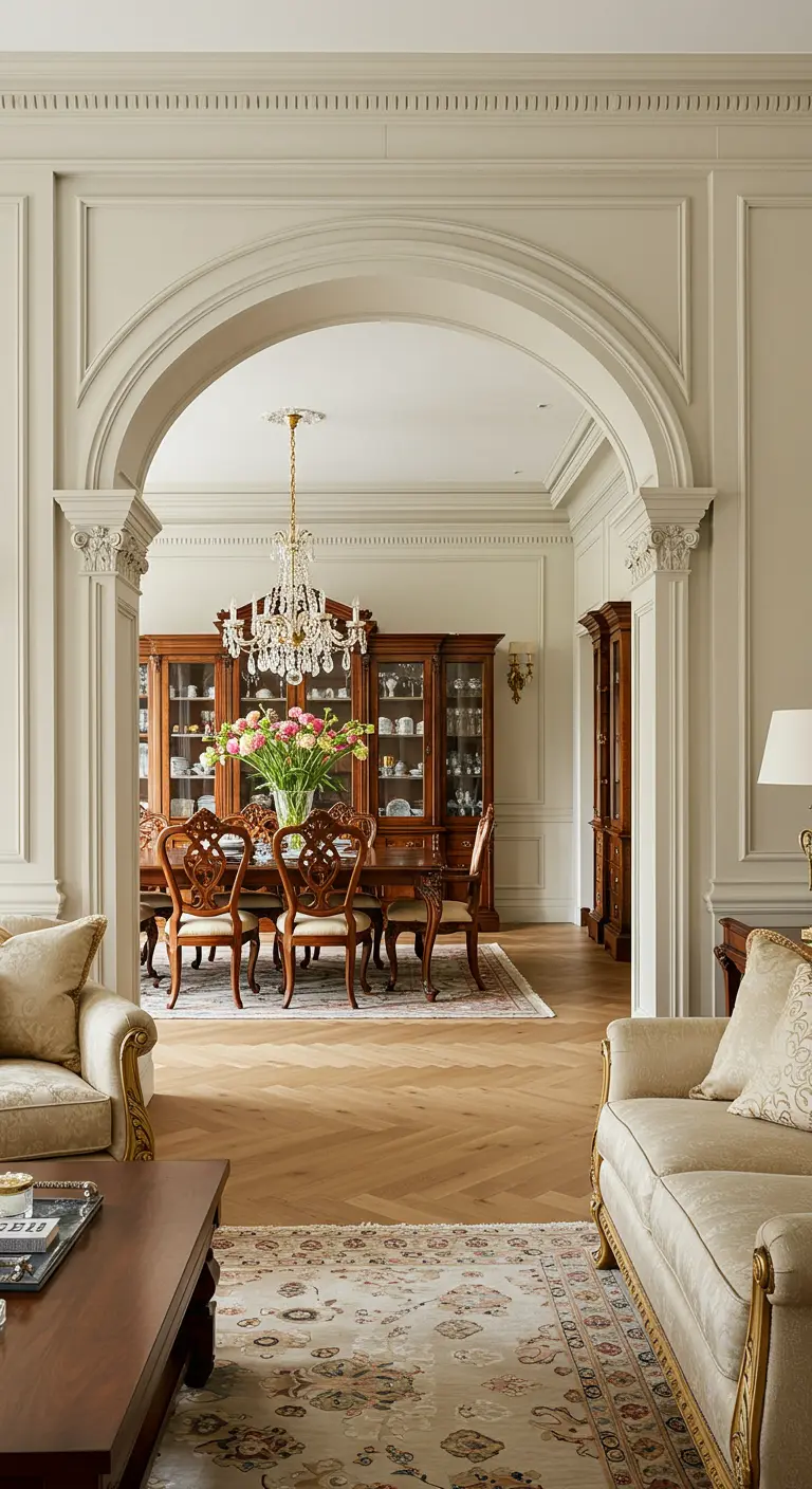 Klassieke eethoek zichtbaar door een grote, sierlijke boog vanuit de woonkamer.