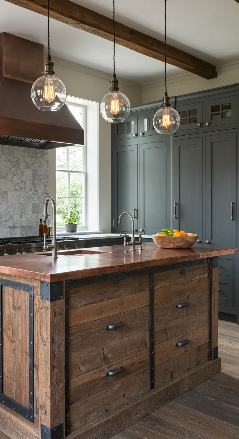 Rustiek industriële keuken met gerecycled houten kookeiland, koperen aanrechtblad en glazen hanglampen.