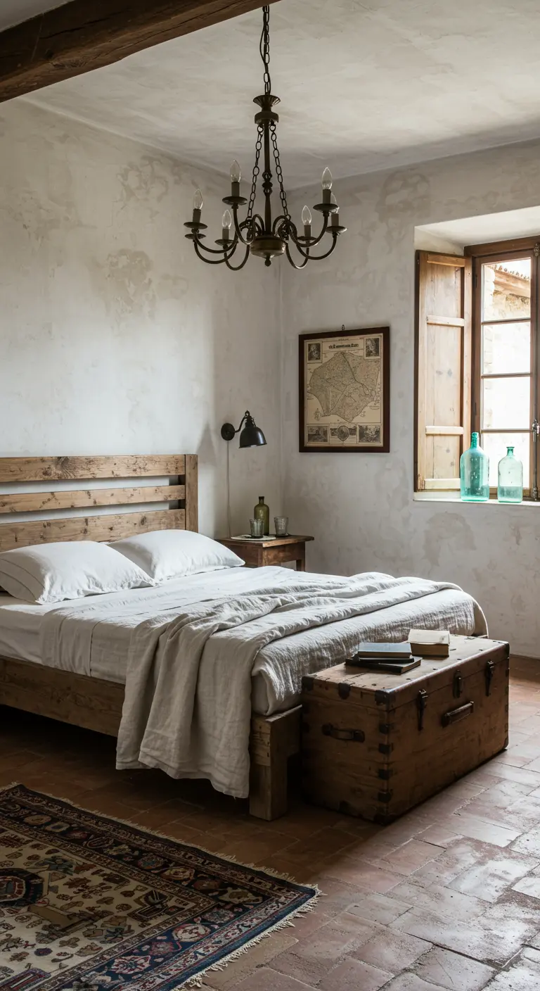 Rustieke slaapkamer met houten bed, antieke kist, oude landkaart en ijzeren kroonluchter.