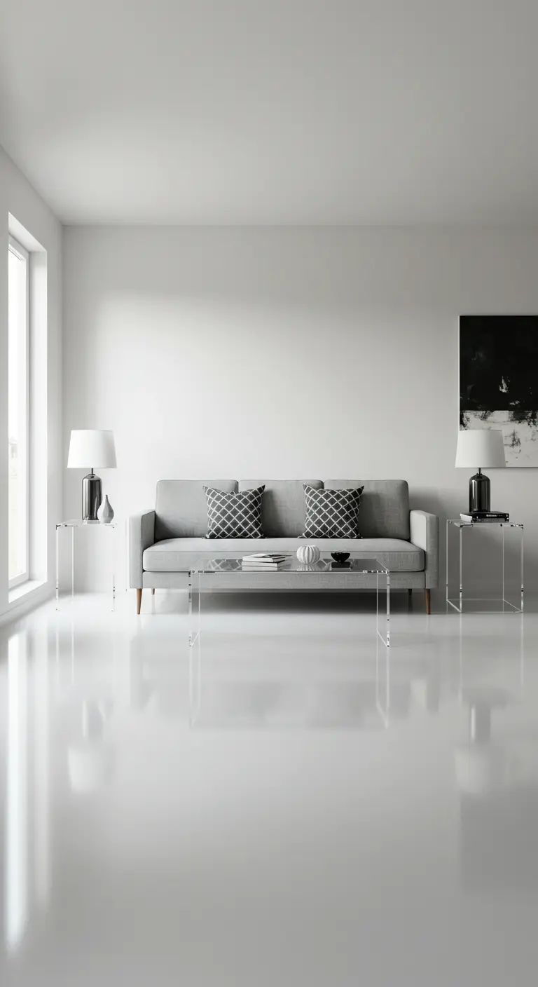 Minimalistische woonkamer met grijze bank, glazen salontafel en bijzettafels, glanzende witte vloer.