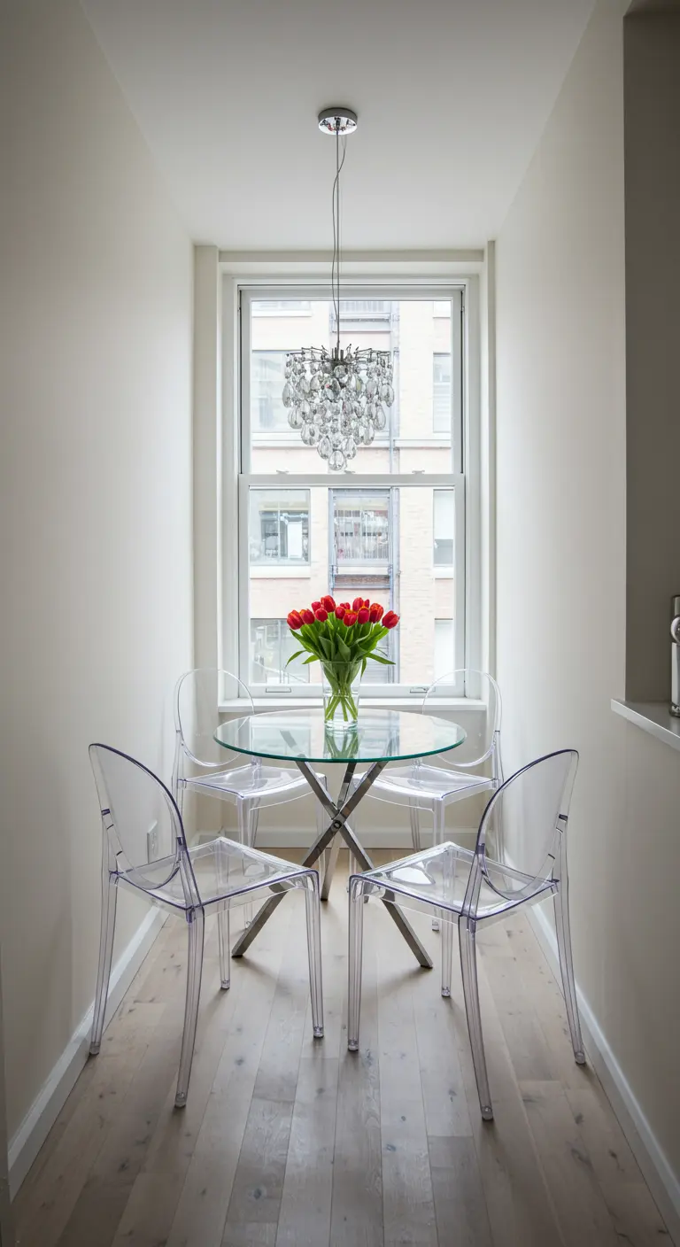 Compacte eethoek met glazen ronde tafel en transparante stoelen bij raam.