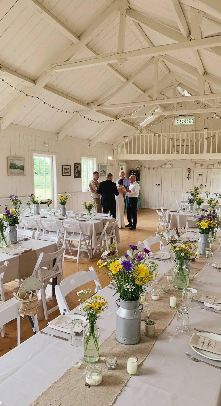 Lichte dorpshuisreceptie met witte tafels, jute lopers en veldbloemen in kannen.