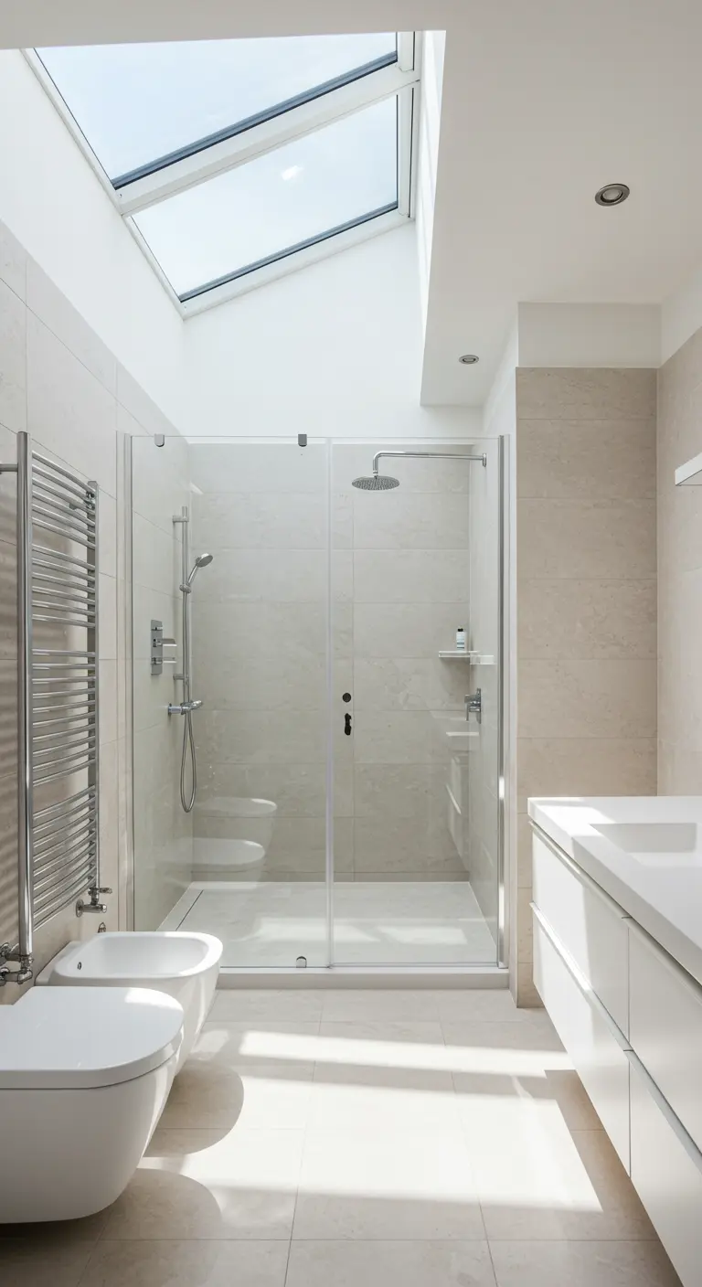 Lichte badkamer met dakraam boven de frameloze glazen douche.