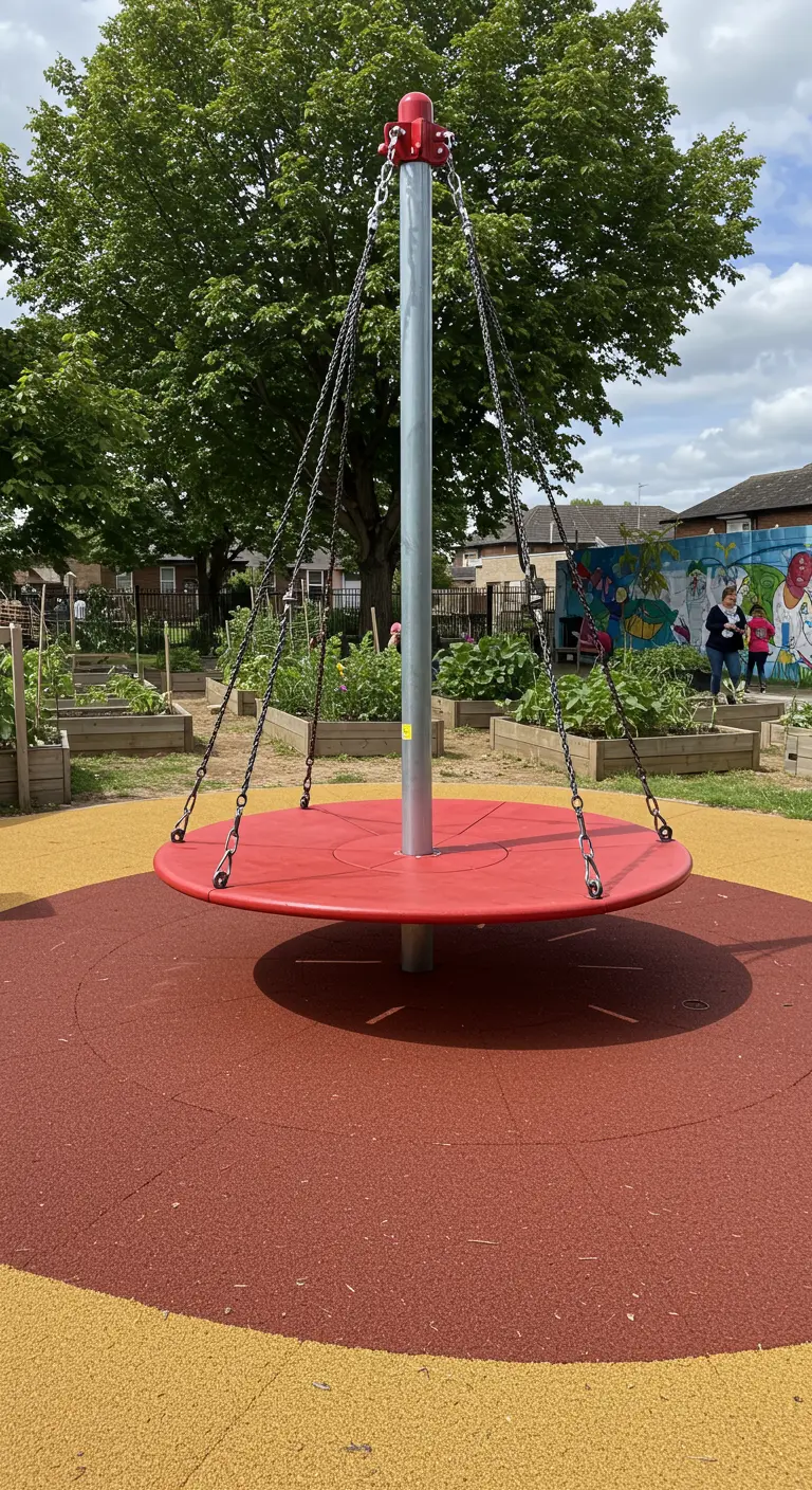 Rode draaischijfschommel in een speeltuin of gemeenschappelijke tuin met rubberen ondergrond.