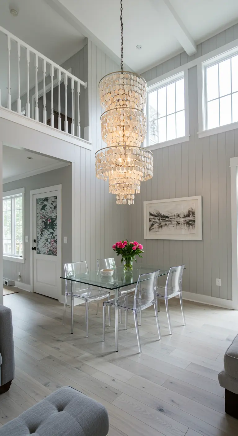 Eetruimte met hoog plafond, grote schelpenkroonluchter en glazen tafel.