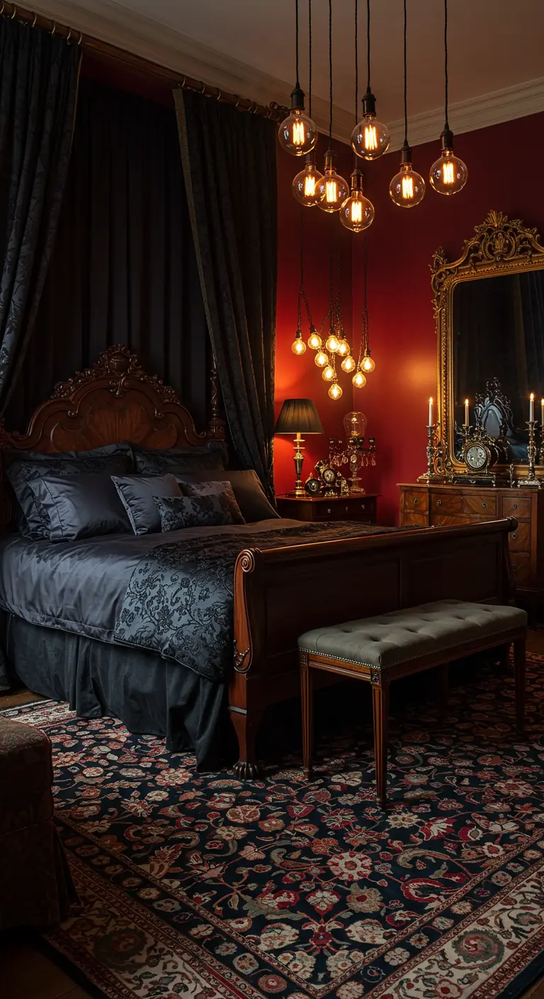 Donkerrode slaapkamer met zwarte gordijnen, antiek houten meubilair en kroonluchter.