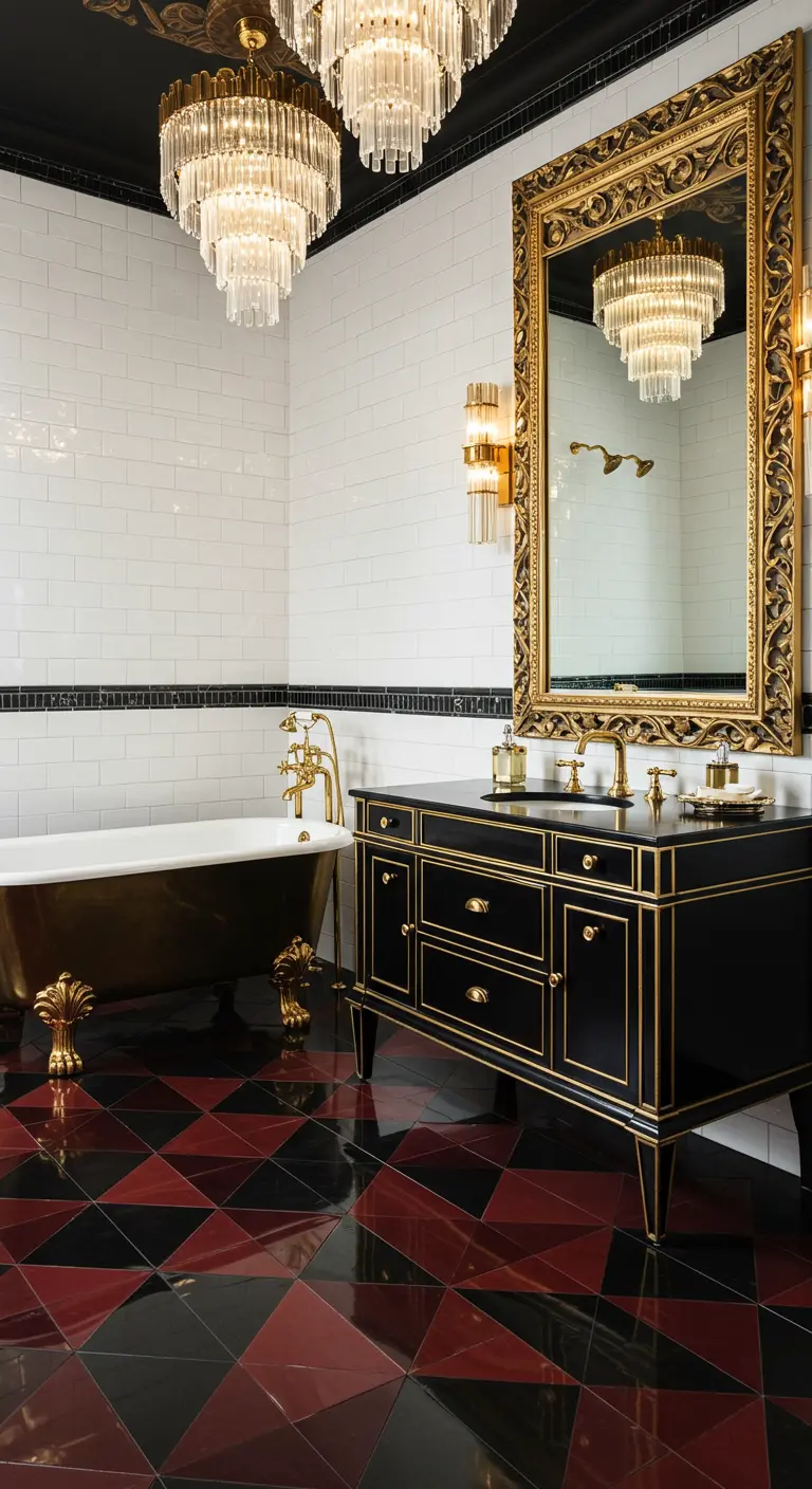 Luxe Art-Deco badkamer met zwart-rode geometrische vloer en gouden accenten.