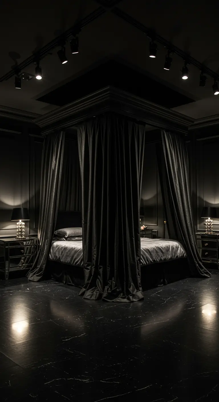 Zwarte slaapkamer met hemelbed en zware gordijnen, glanzende vloer en spiegelende meubels.