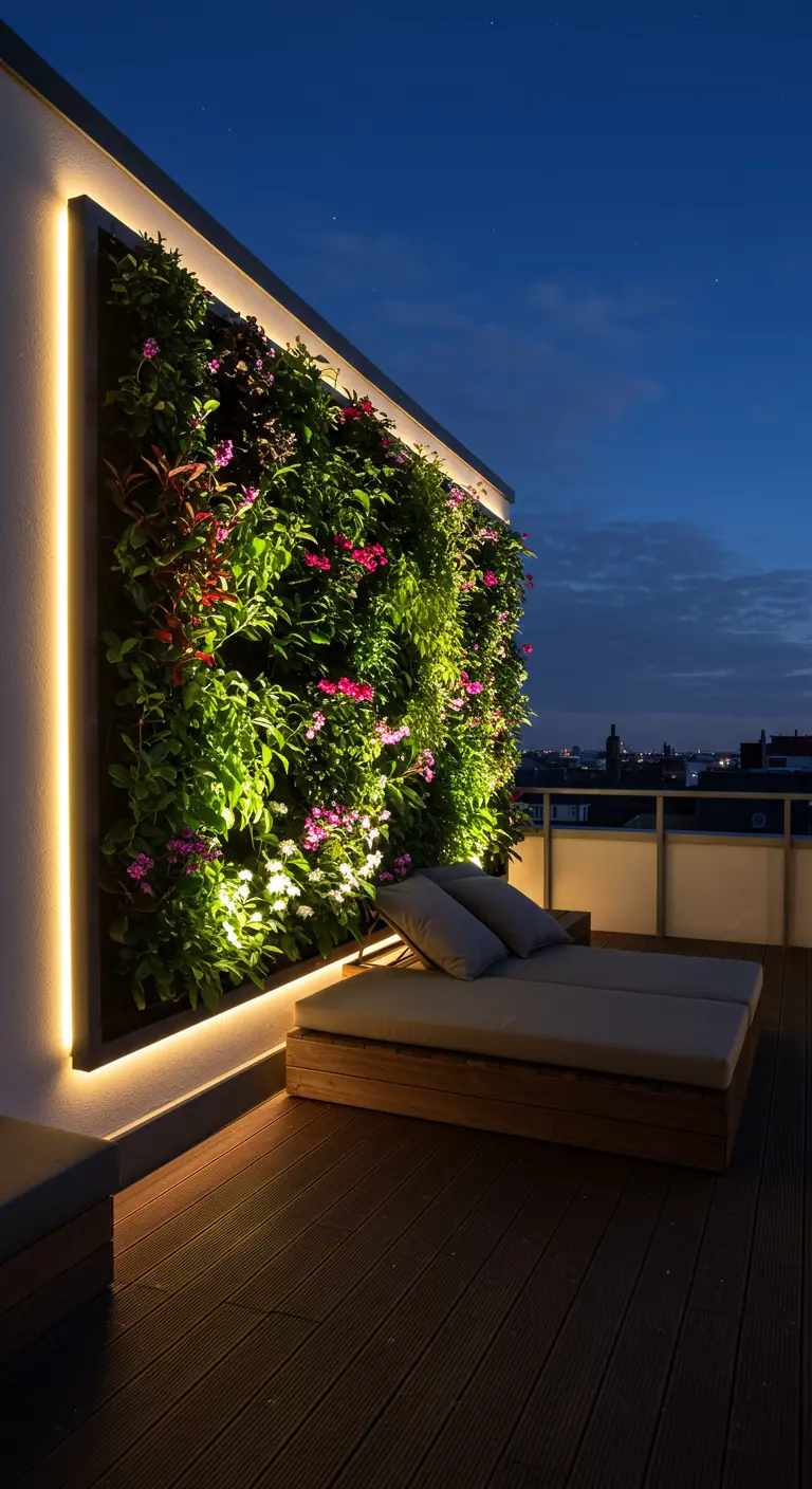 Verlichte verticale tuin op een dakterras met loungebank, groen en bloeiende planten.