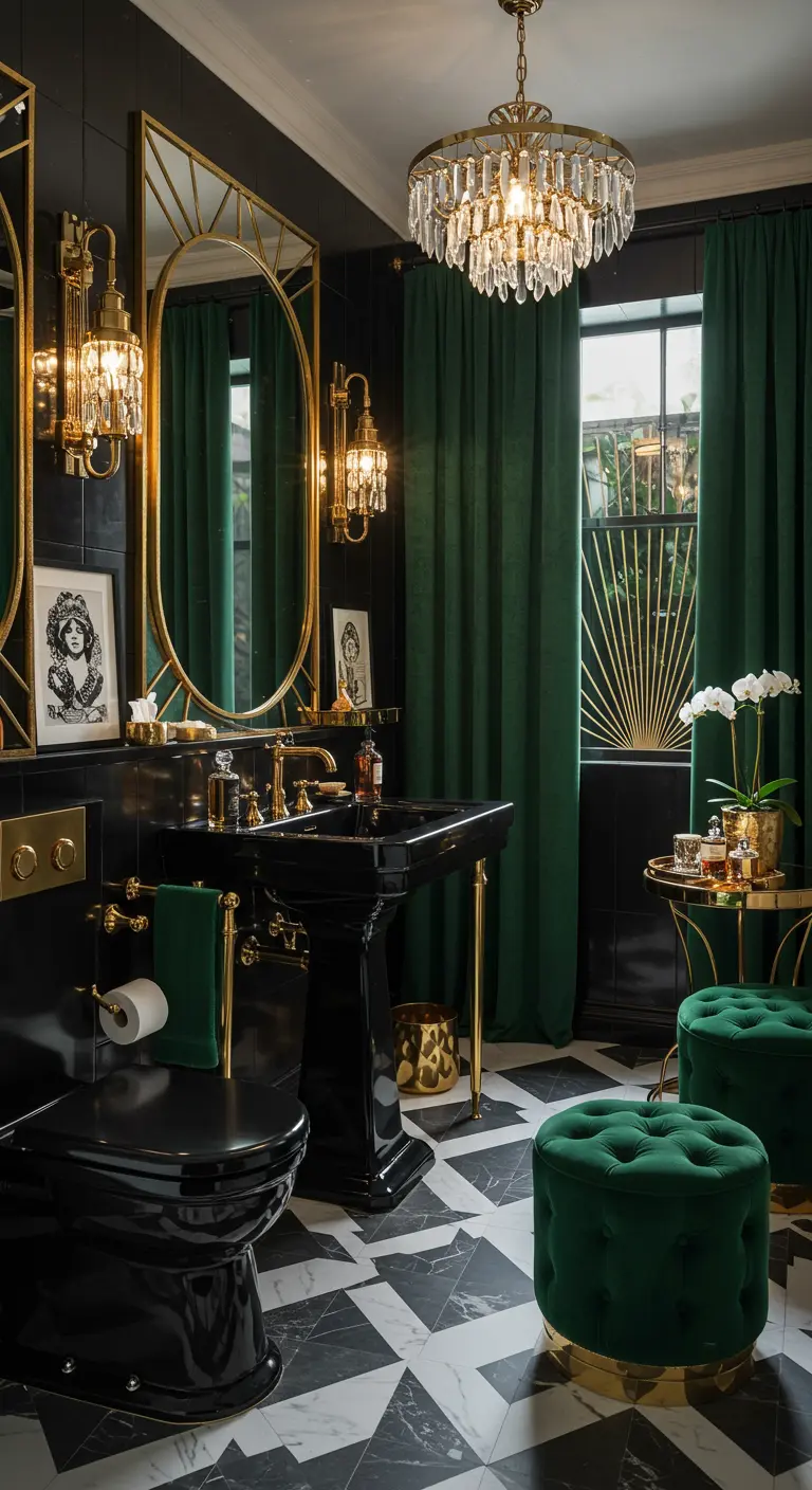 Luxe badkamer met zwart sanitair, gouden details en smaragdgroene accenten.