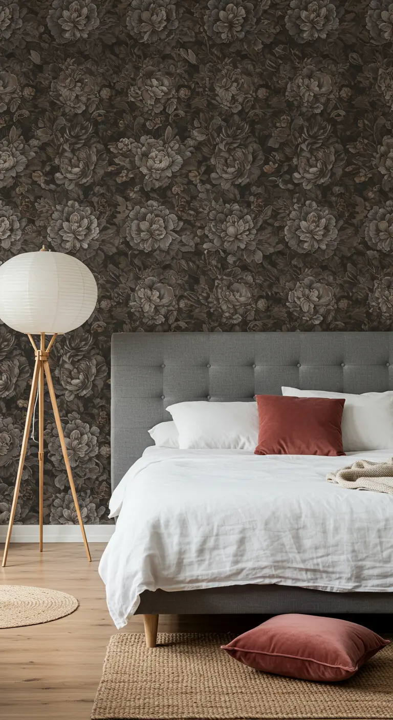 Slaapkamer met donker bloemenbehang achter een grijs bed, staande lamp.