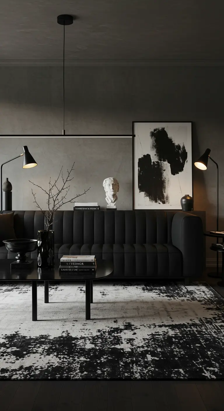 Donkere woonkamer met zwarte bank, abstract kunstwerk, wit sculptuur en abstract vloerkleed.